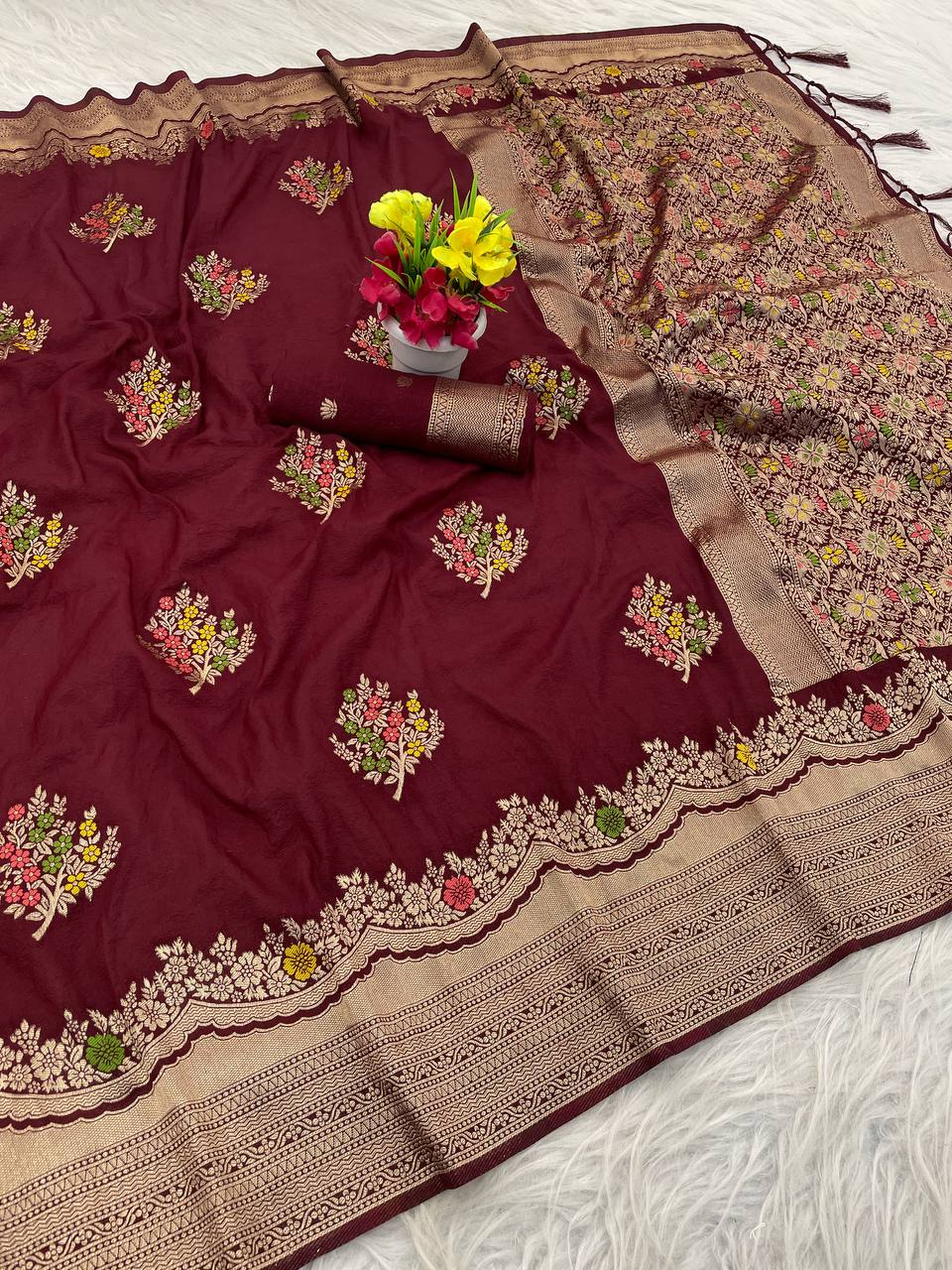 Premium Luxury Maroon Silk Saree with Multicolor Floral Butta & Heavy Zari Border