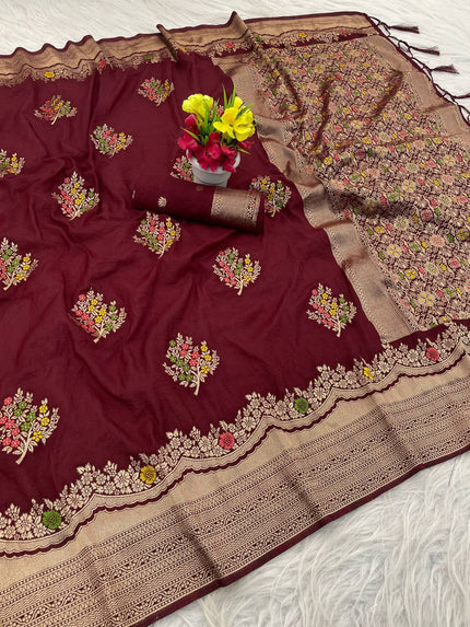Premium Luxury Maroon Silk Saree with Multicolor Floral Butta & Heavy Zari Border