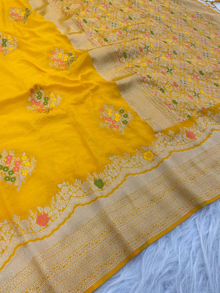 Premium Luxury Mustard Yellow Silk Saree with Multicolor Floral Butta & Elegant Zari Border