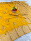 Premium Luxury Mustard Yellow Silk Saree with Multicolor Floral Butta & Elegant Zari Border