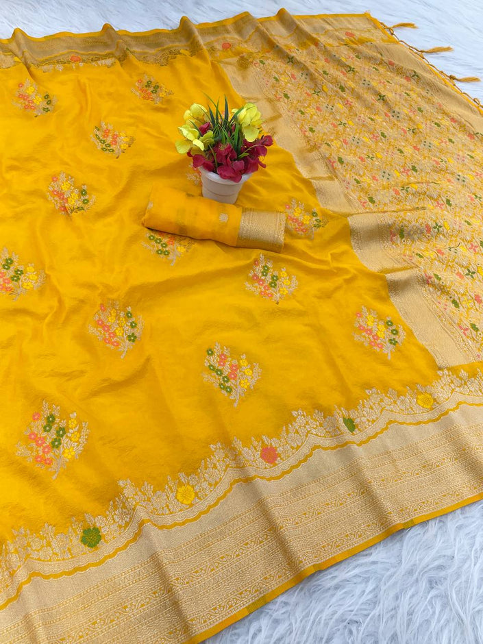 Premium Luxury Mustard Yellow Silk Saree with Multicolor Floral Butta & Elegant Zari Border