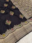 Premium Luxury Jet Black Silk Saree with Multicolor Floral Butta & Heavy Zari Border