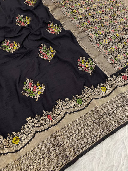 Premium Luxury Jet Black Silk Saree with Multicolor Floral Butta & Heavy Zari Border