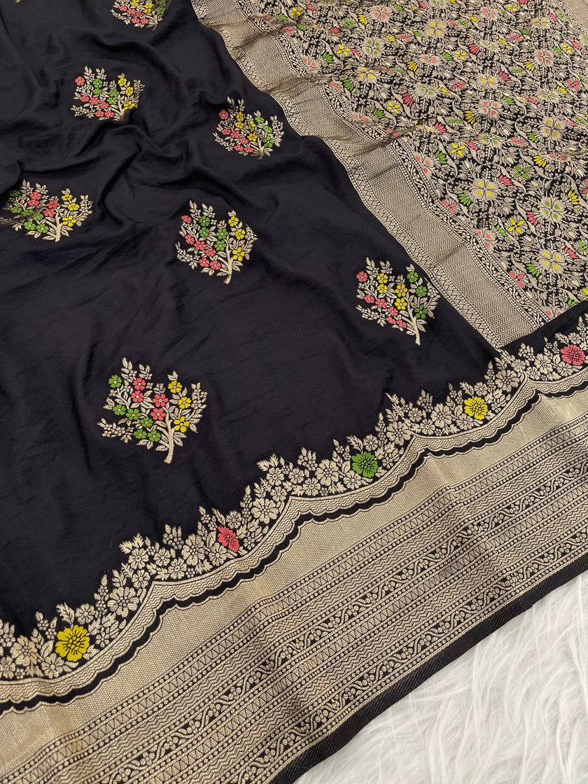 Premium Luxury Jet Black Silk Saree with Multicolor Floral Butta & Heavy Zari Border