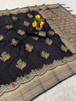 Premium Luxury Jet Black Silk Saree with Multicolor Floral Butta & Heavy Zari Border