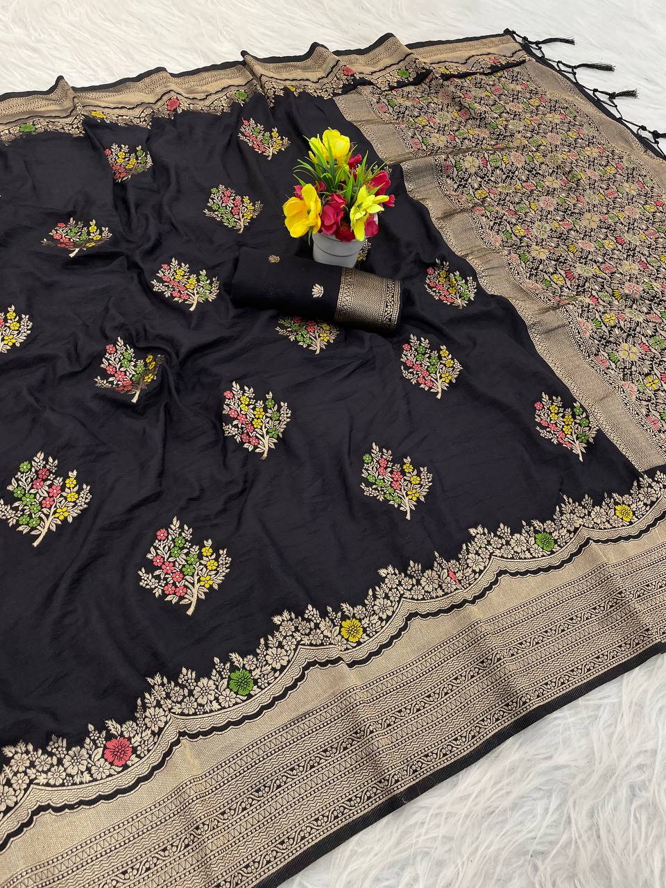 Premium Luxury Jet Black Silk Saree with Multicolor Floral Butta & Heavy Zari Border