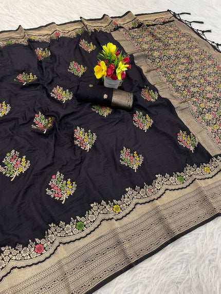 Premium Luxury Jet Black Silk Saree with Multicolor Floral Butta & Heavy Zari Border