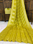 Premium Luxury Olive Yellow Bandhani Silk Saree with Intricate White Motifs & Rich Woven Border