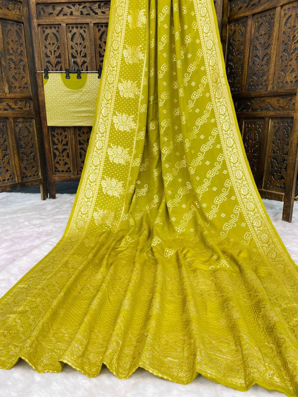 Premium Luxury Olive Yellow Bandhani Silk Saree with Intricate White Motifs & Rich Woven Border