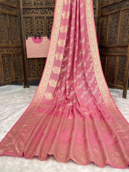 Premium Luxury Rose Pink Bandhani Silk Saree with Intricate White Motifs & Rich Woven Border