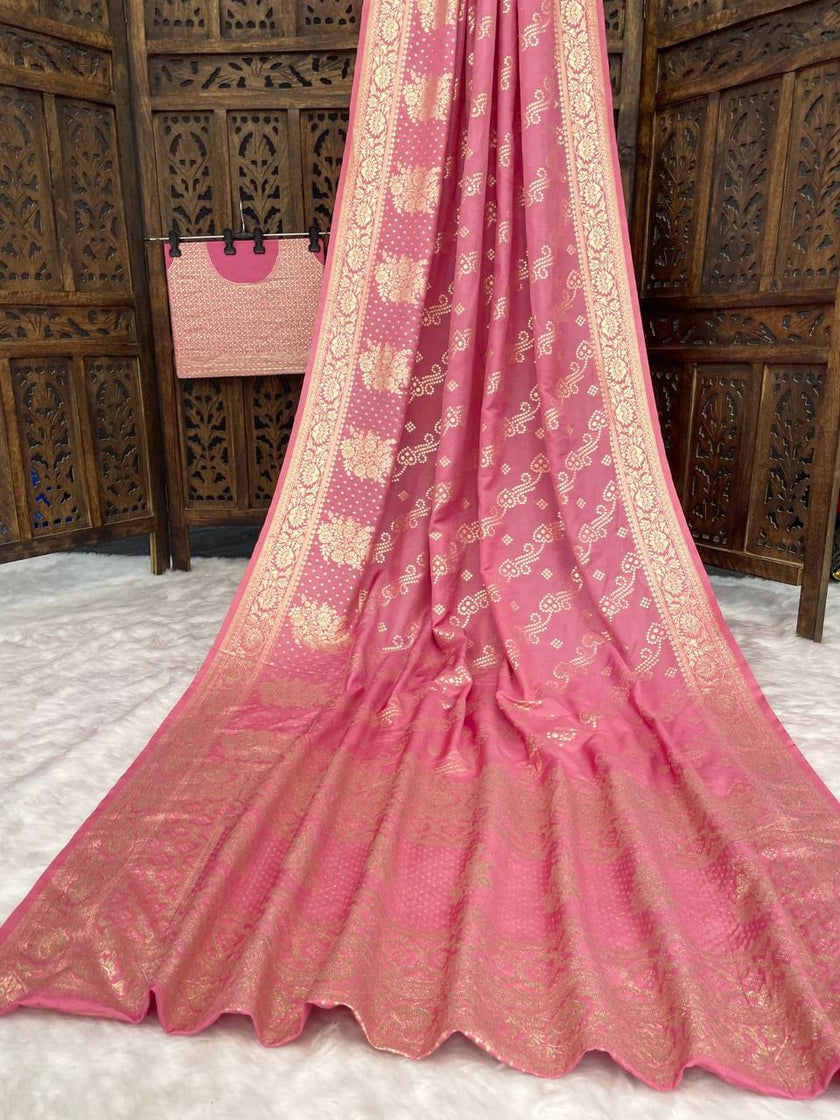 Premium Luxury Rose Pink Bandhani Silk Saree with Intricate White Motifs & Rich Woven Border