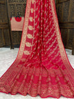 Premium Luxury Crimson Red Bandhani Silk Saree with Heavy Gold Woven Border & Designer Pallu