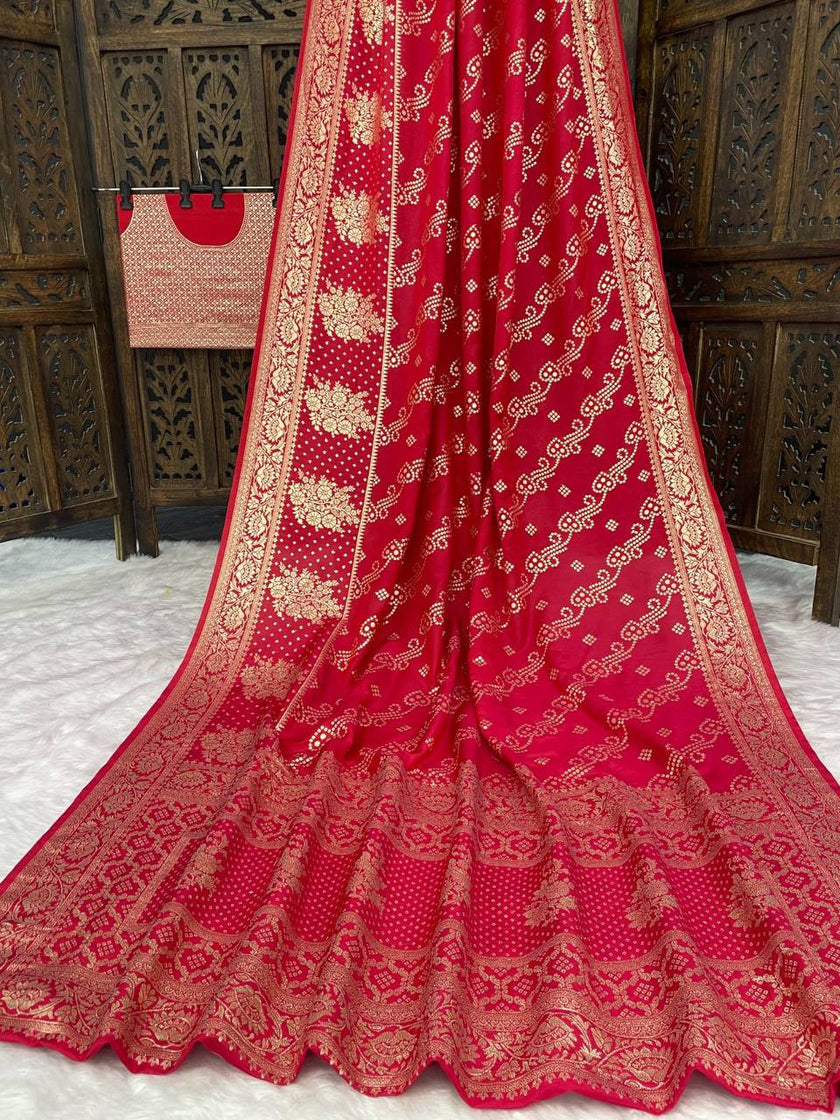 Premium Luxury Crimson Red Bandhani Silk Saree with Heavy Gold Woven Border & Designer Pallu