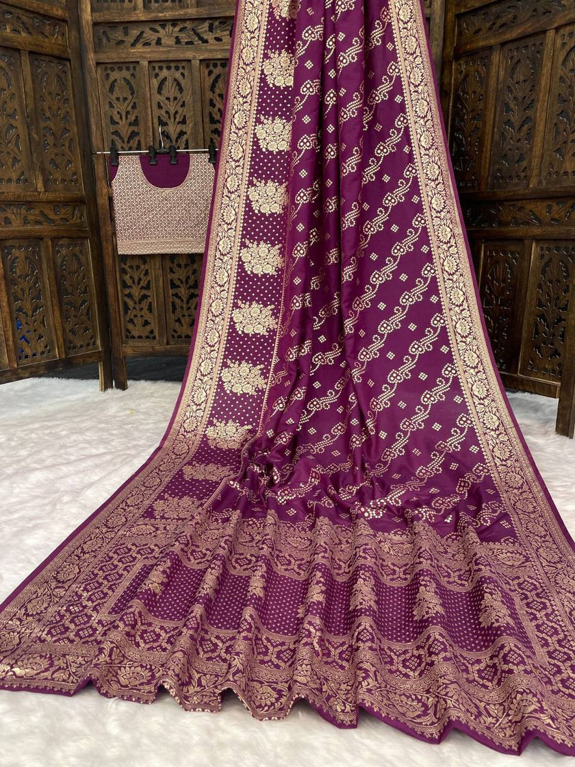 Premium Luxury Royal Purple Bandhani Silk Saree with Heavy Gold Woven Border & Designer Pallu