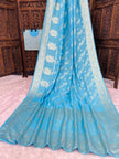 Premium Luxury Sky Blue Bandhani Silk Saree with Heavy Gold Woven Border & Designer Pallu