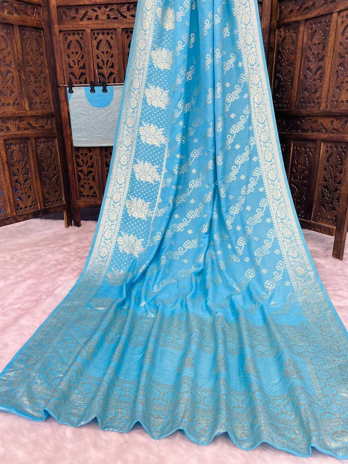 Premium Luxury Sky Blue Bandhani Silk Saree with Heavy Gold Woven Border & Designer Pallu