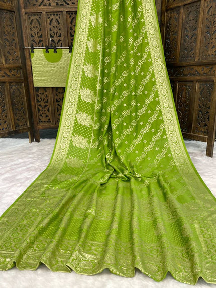 Premium Luxury Parrot Green Bandhani Silk Saree with Heavy Gold Woven Border & Designer Pallu