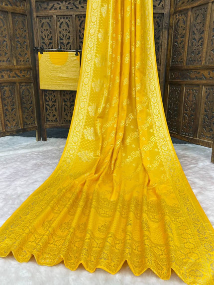 Premium Luxury Bright Yellow Bandhani Silk Saree with Heavy Gold Woven Border & Grand Designer Pallu