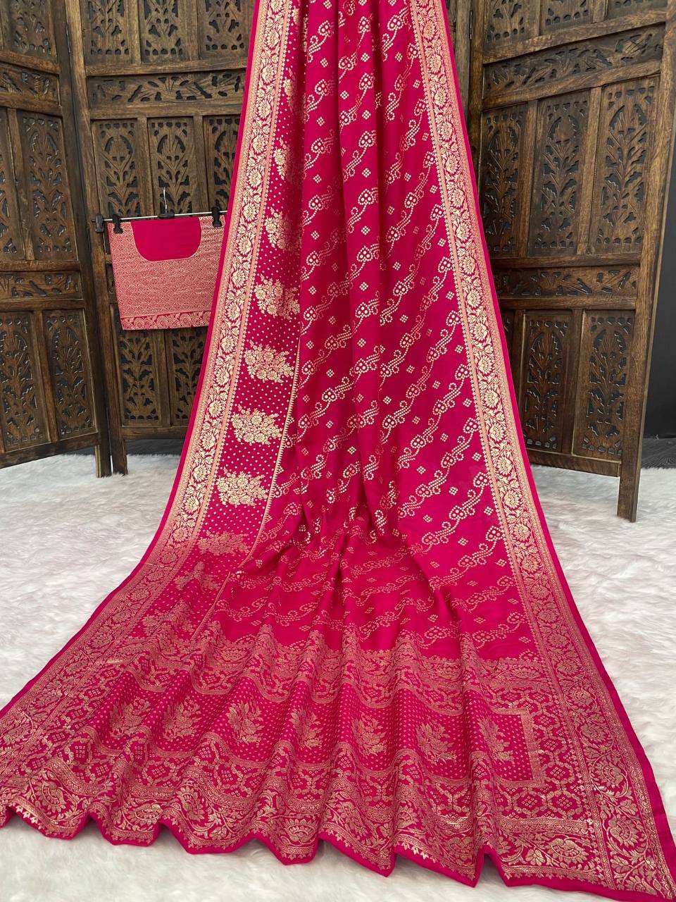Premium Luxury Rani Pink Bandhani Silk Saree with Heavy Gold Woven Border & Royal Designer Pallu