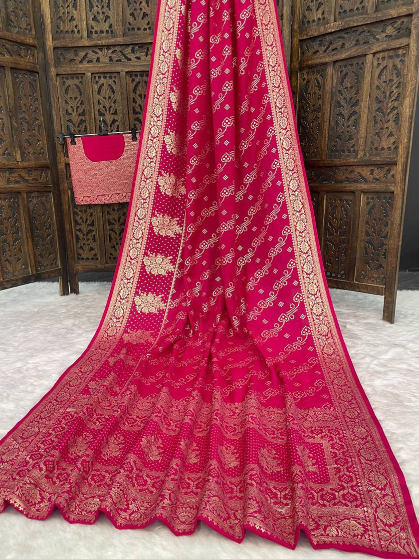 Premium Luxury Rani Pink Bandhani Silk Saree with Heavy Gold Woven Border & Royal Designer Pallu