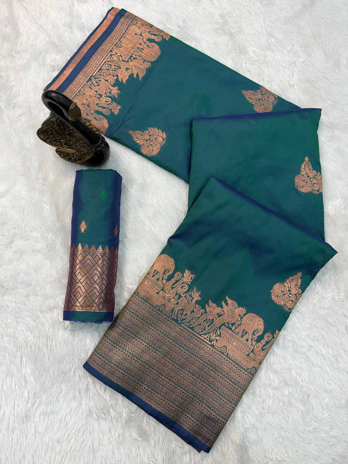 Premium Luxury Teal Green Silk Saree with Antique Gold Temple Border & Royal Designer Pallu