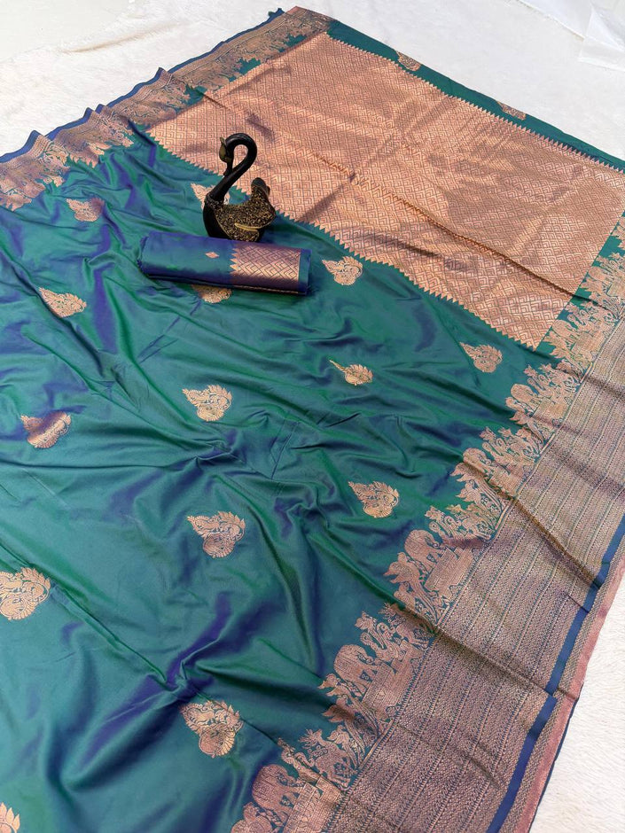 Premium Luxury Teal Green Silk Saree with Antique Gold Temple Border & Royal Designer Pallu