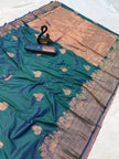Premium Luxury Teal Green Silk Saree with Antique Gold Temple Border & Royal Designer Pallu
