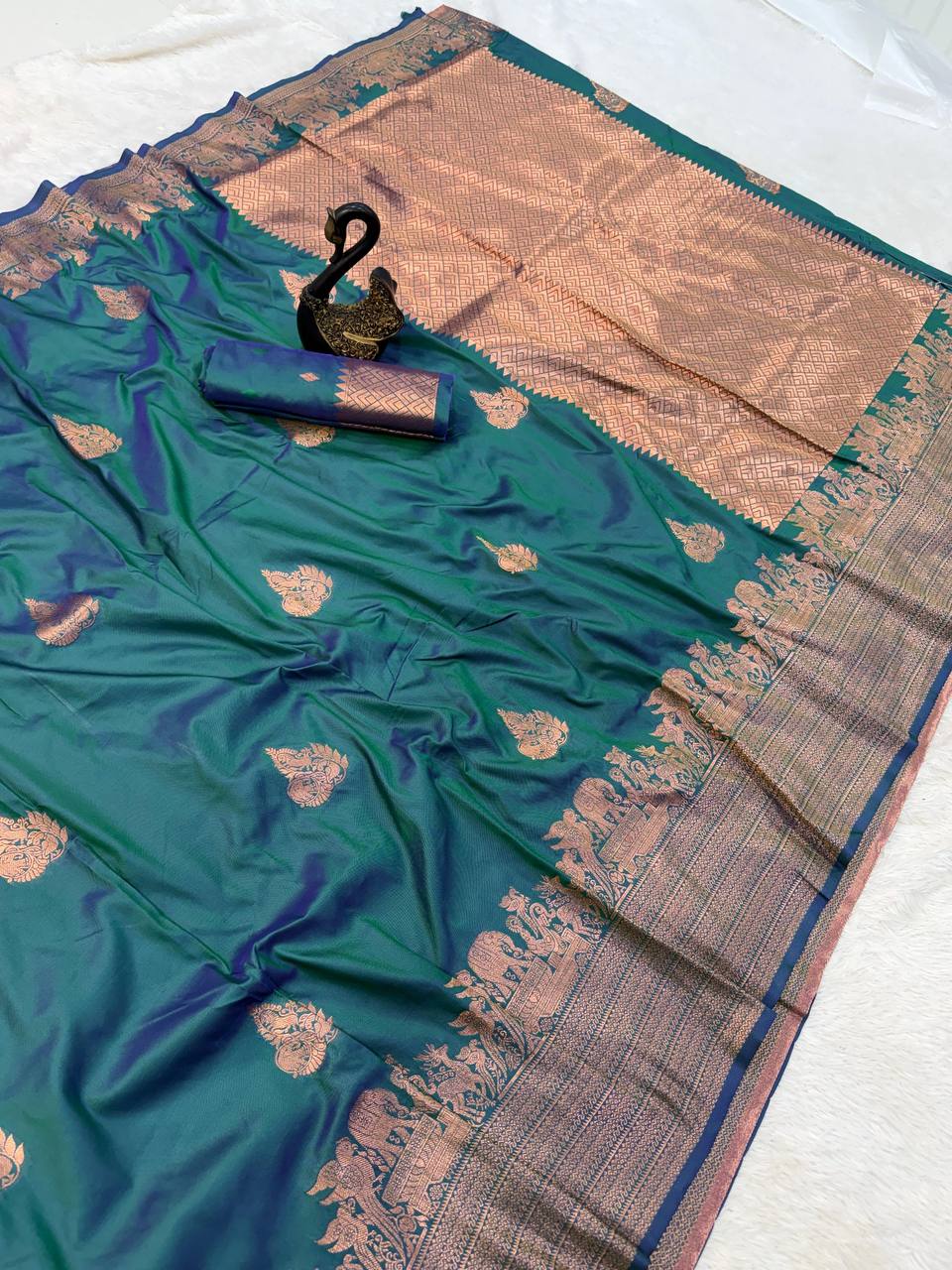Premium Luxury Teal Green Silk Saree with Antique Gold Temple Border & Royal Designer Pallu