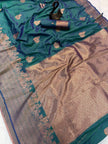 Premium Luxury Teal Green Silk Saree with Antique Gold Temple Border & Royal Designer Pallu