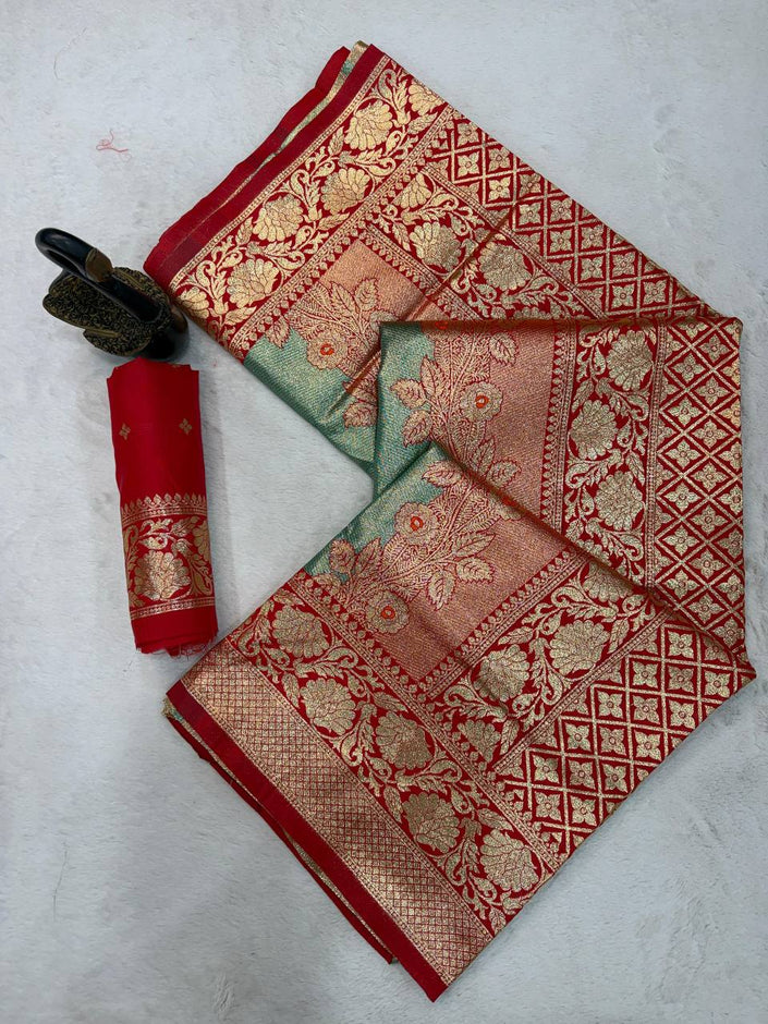 Royal Red & Emerald Green Premium Luxury Silk Saree with Heavy Antique Gold Zari Border & Designer Floral Pallu