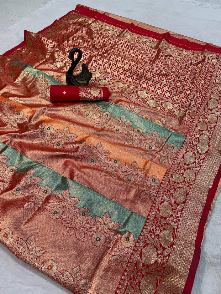 Royal Red & Emerald Green Premium Luxury Silk Saree with Heavy Antique Gold Zari Border & Designer Floral Pallu
