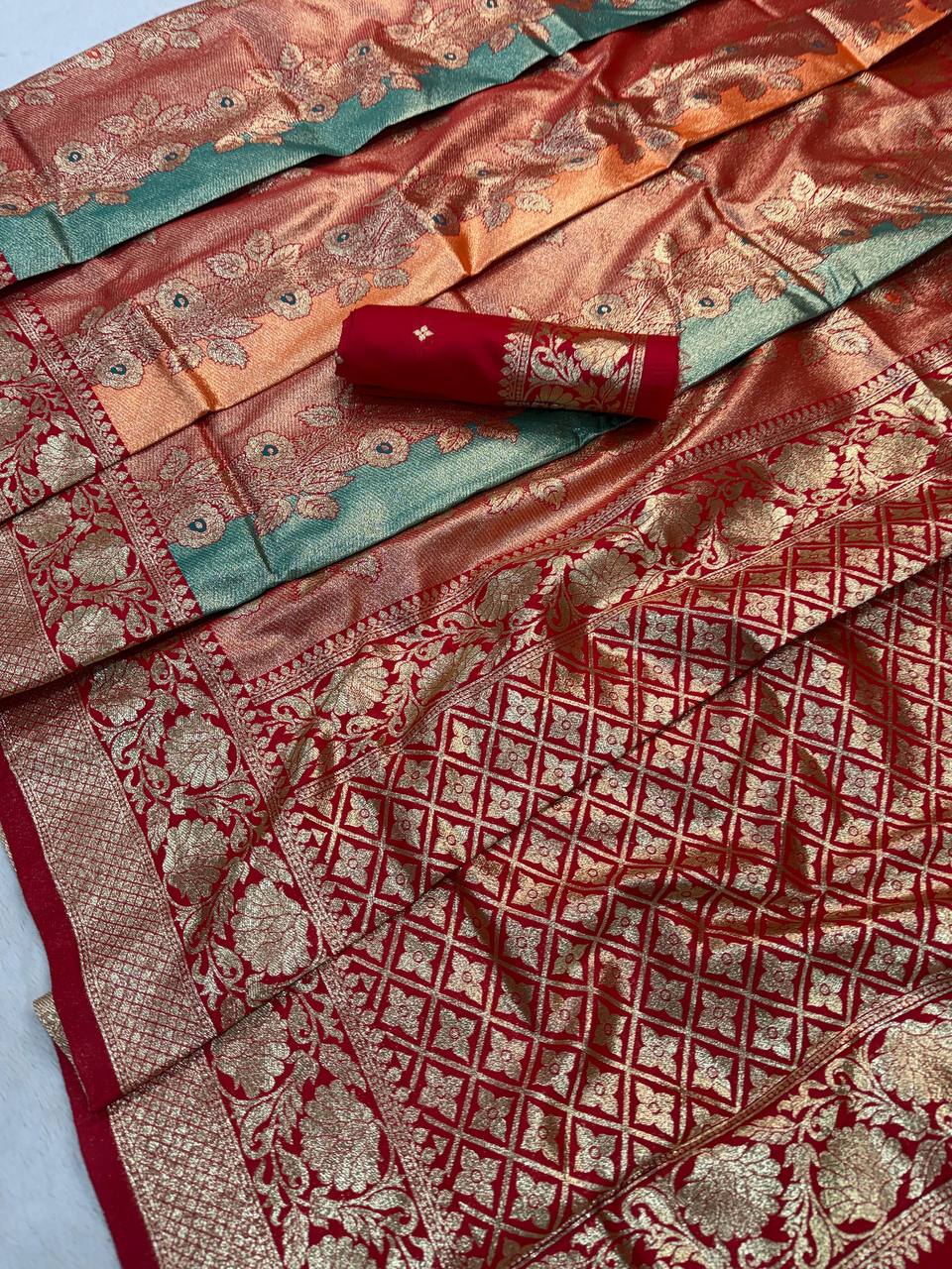 Royal Red & Emerald Green Premium Luxury Silk Saree with Heavy Antique Gold Zari Border & Designer Floral Pallu
