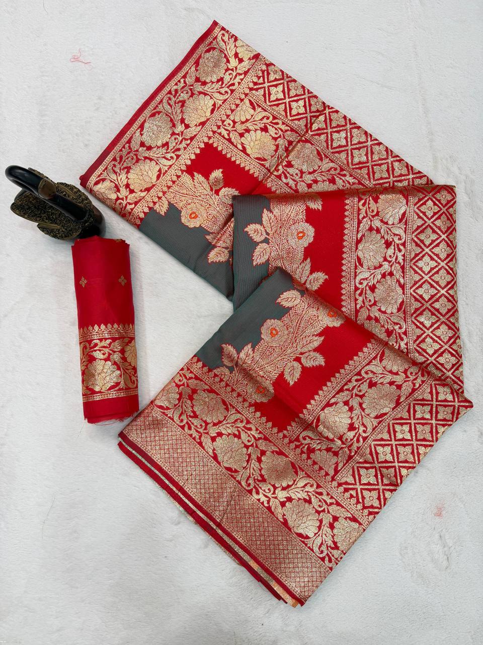 Royal Red & Grey Premium Luxury Silk Saree with Heavy Antique Gold Zari Border & Designer Floral Pallu
