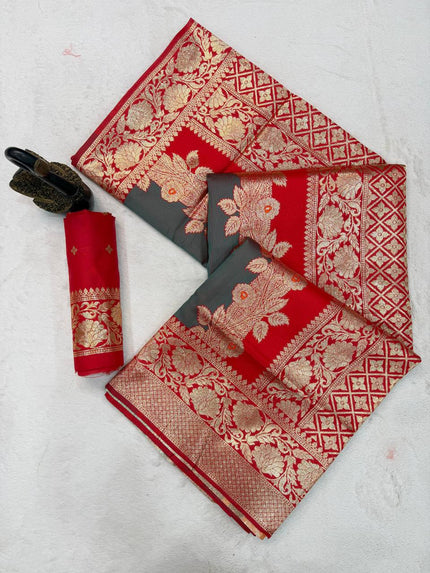 Royal Red & Grey Premium Luxury Silk Saree with Heavy Antique Gold Zari Border & Designer Floral Pallu