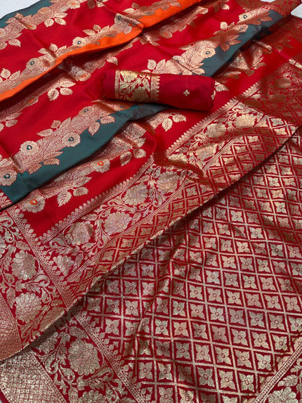 Royal Red & Grey Premium Luxury Silk Saree with Heavy Antique Gold Zari Border & Designer Floral Pallu