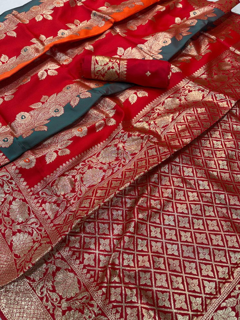 Royal Red & Grey Premium Luxury Silk Saree with Heavy Antique Gold Zari Border & Designer Floral Pallu