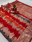 Royal Red & Grey Premium Luxury Silk Saree with Heavy Antique Gold Zari Border & Designer Floral Pallu