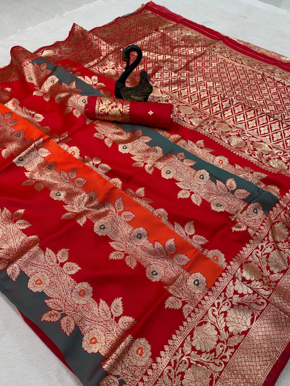 Royal Red & Grey Premium Luxury Silk Saree with Heavy Antique Gold Zari Border & Designer Floral Pallu