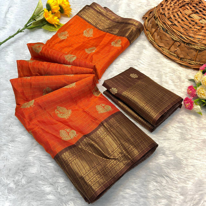Burnt Orange Premium Luxury Silk Saree with Rich Antique Gold Zari Border