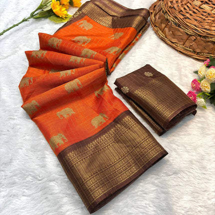 Burnt Orange Premium Luxury Silk Saree with Rich Antique Gold Zari Border