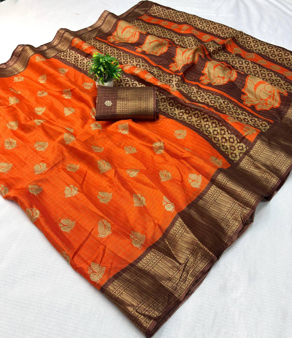 Burnt Orange Premium Luxury Silk Saree with Rich Antique Gold Zari Border