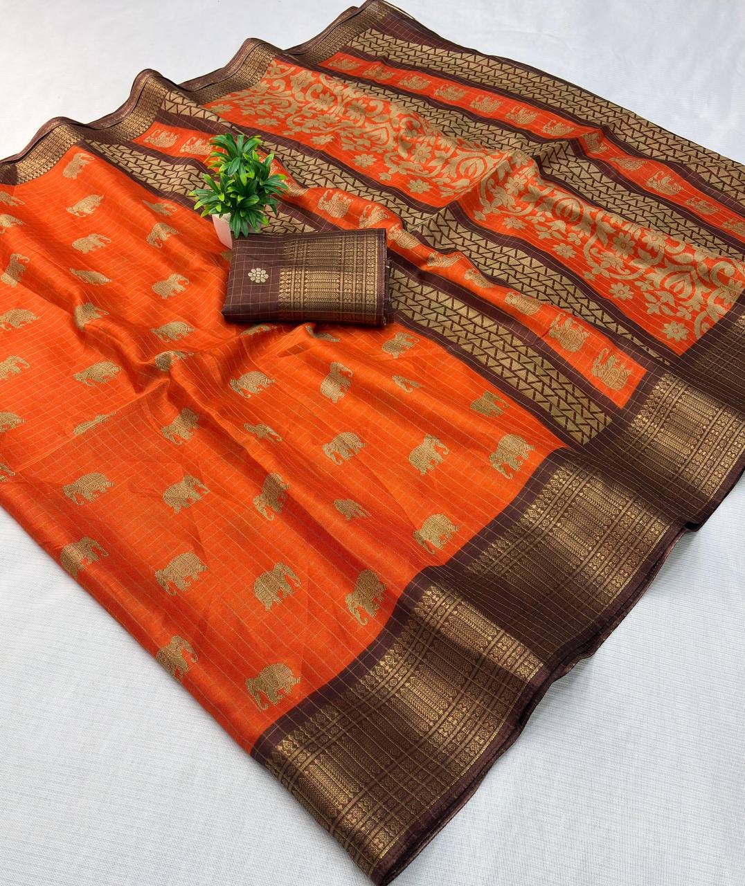 Burnt Orange Premium Luxury Silk Saree with Rich Antique Gold Zari Border