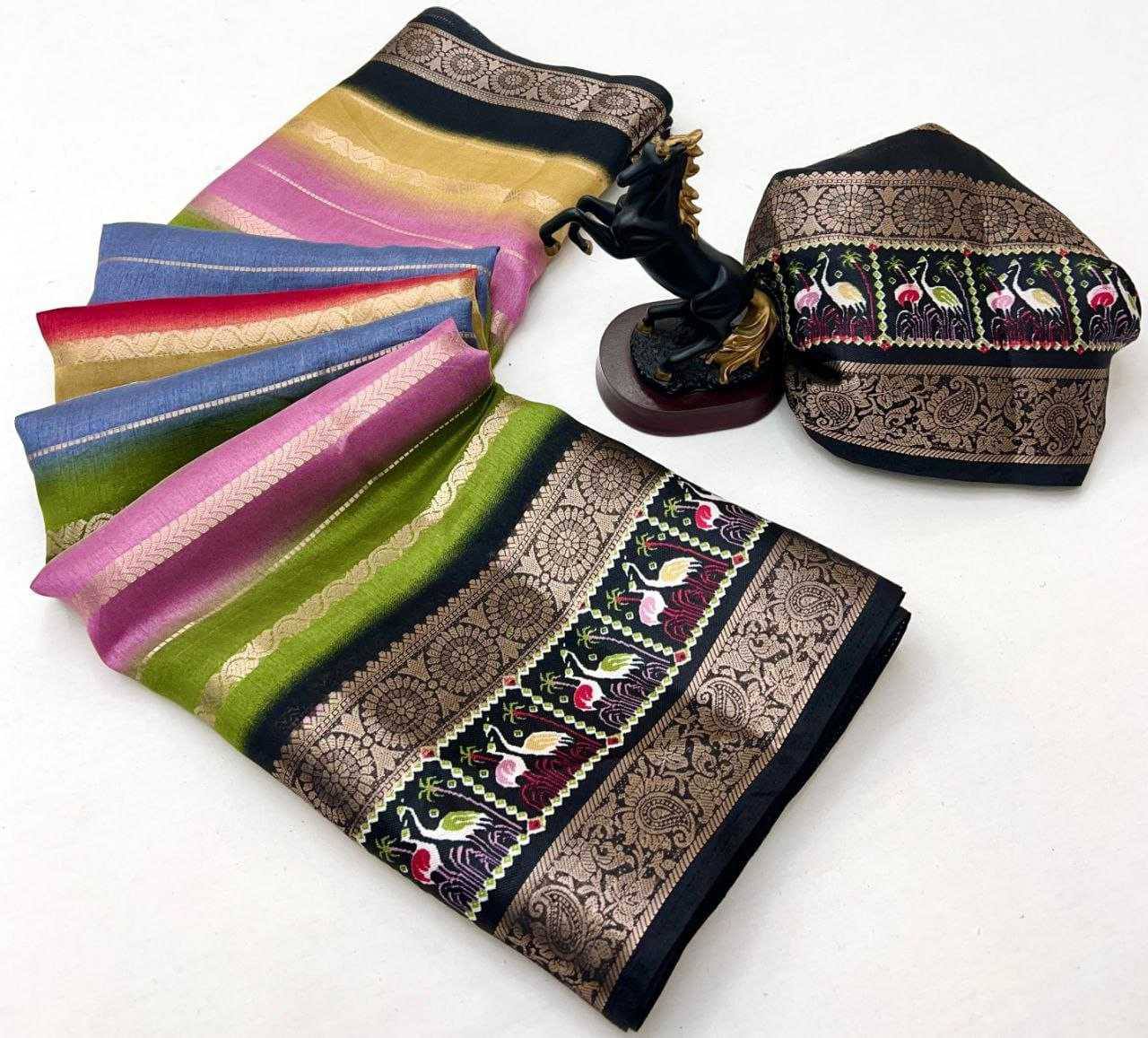 Multicolor Premium Luxury Silk Saree with Artistic Kalamkari Border & Antique Zari Finish