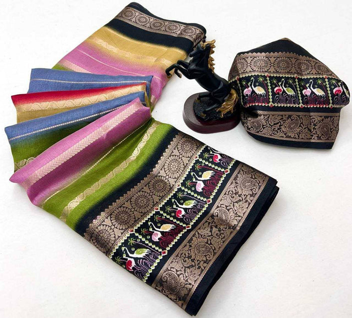 Multicolor Premium Luxury Silk Saree with Artistic Kalamkari Border & Antique Zari Finish