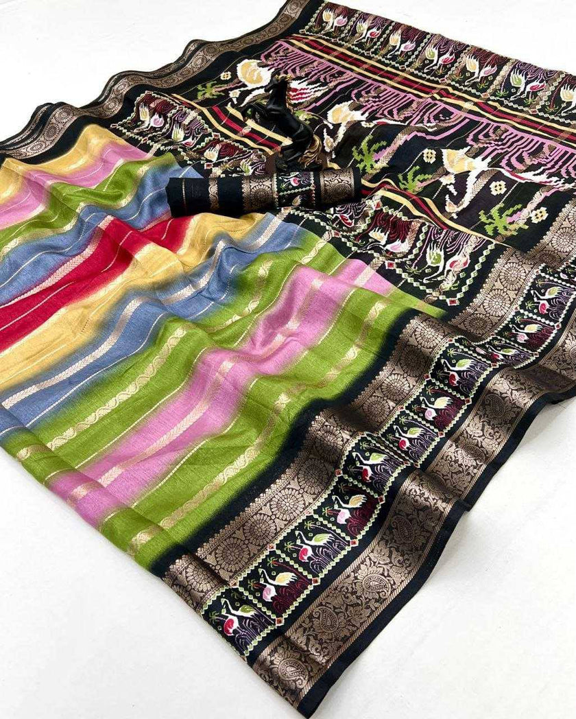 Multicolor Premium Luxury Silk Saree with Artistic Kalamkari Border & Antique Zari Finish