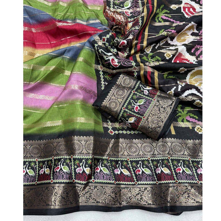 Multicolor Premium Luxury Silk Saree with Artistic Kalamkari Border & Antique Zari Finish