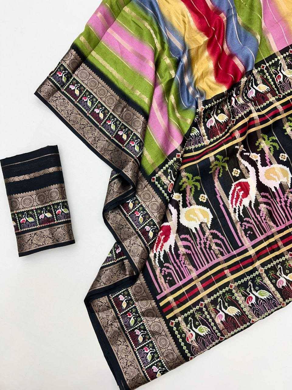 Multicolor Premium Luxury Silk Saree with Artistic Kalamkari Border & Antique Zari Finish