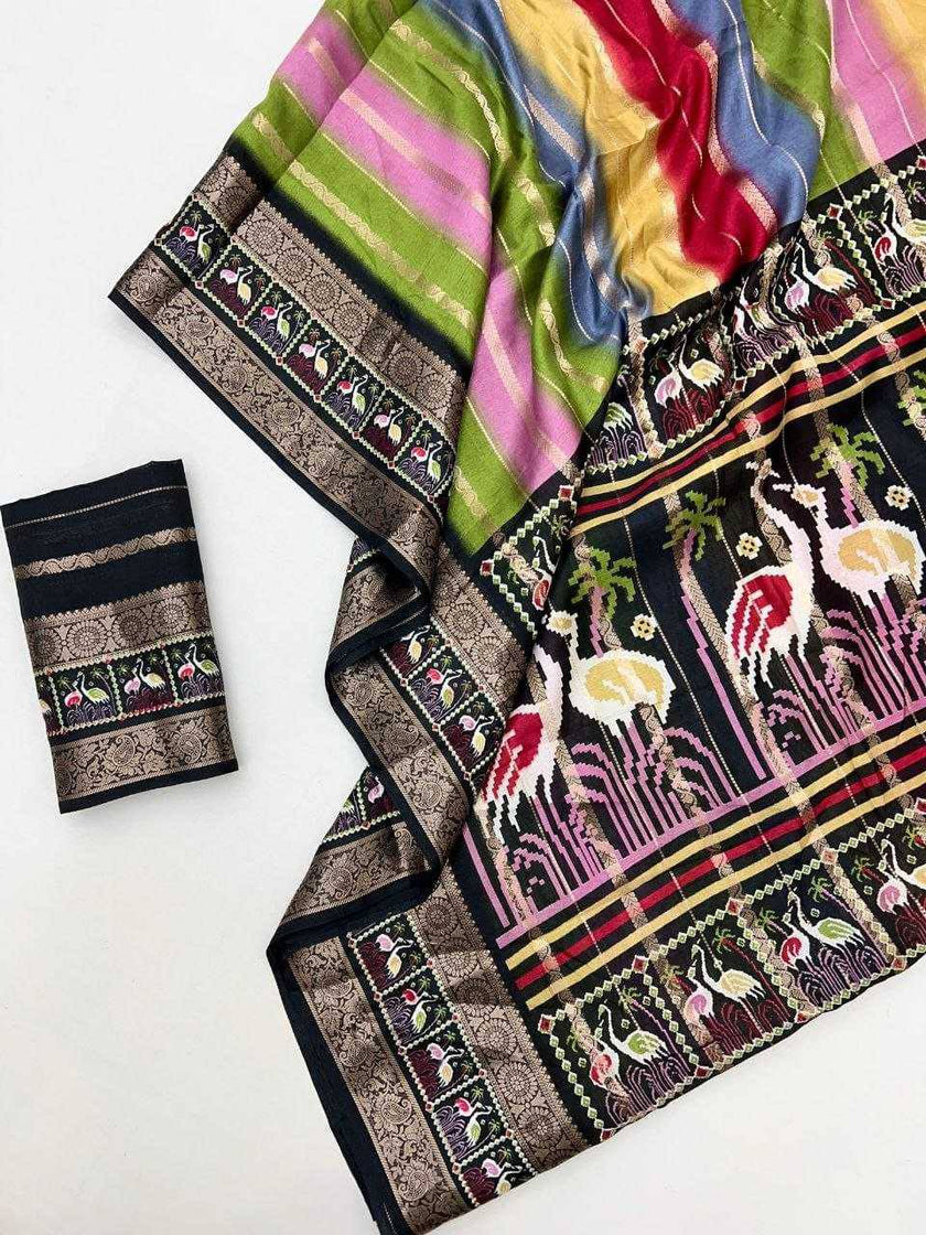 Multicolor Premium Luxury Silk Saree with Artistic Kalamkari Border & Antique Zari Finish
