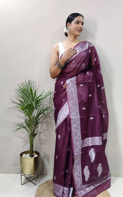 Royal Wine Premium Luxury Silk Saree with Elegant Silver Zari Border & Timeless Motif Weave