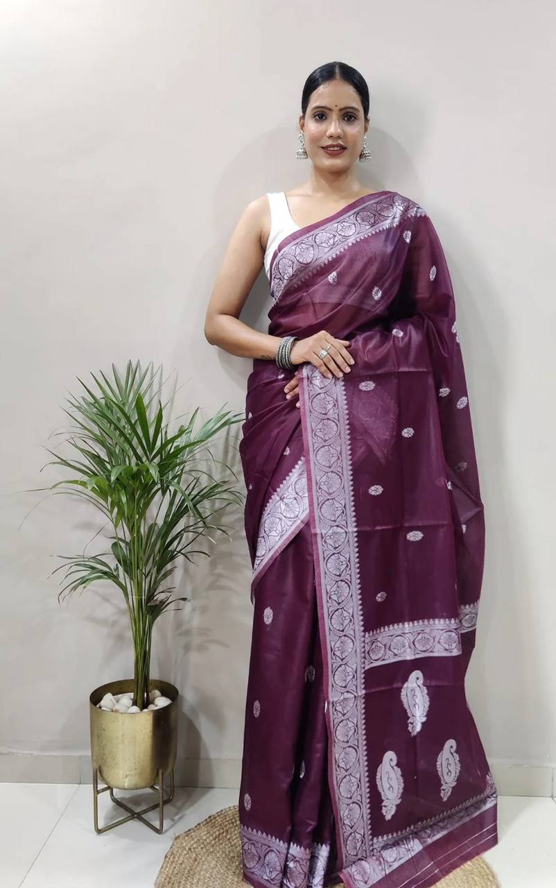 Royal Wine Premium Luxury Silk Saree with Elegant Silver Zari Border & Timeless Motif Weave